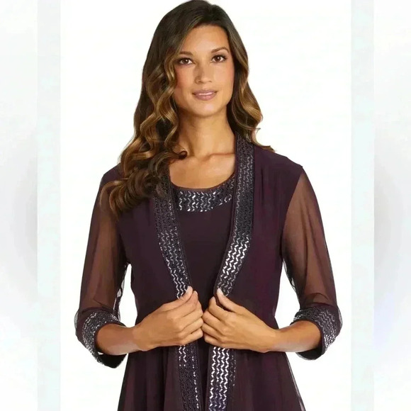 R&M Richard’s Two Piece Dress Metallic Pattern Neckline Jacket Sheer Sleeves 14 - Picture 2 of 13